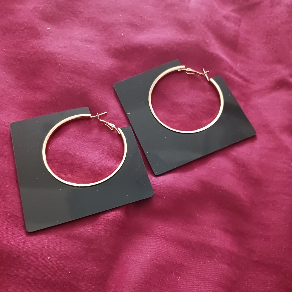 Gold Hoop Earrings with Black Square Accents - Women Jewelry